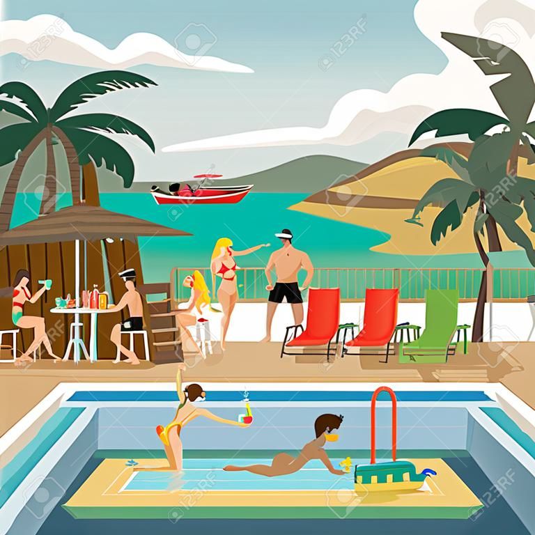 黨的海灘在熱帶的室外游泳池。