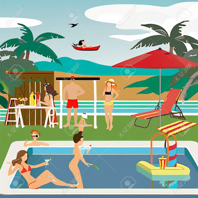 黨的海灘在熱帶的室外游泳池。