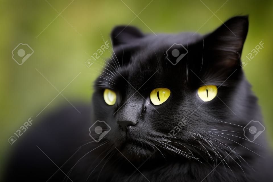 카메라를보고 검은 고양이의 초상화 노란 눈 애완 동물