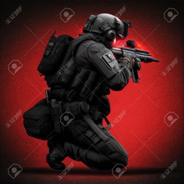 Vector Policeman Tactical Shoot Illustration. Armed police military preparing to shoot with automatic rifle.