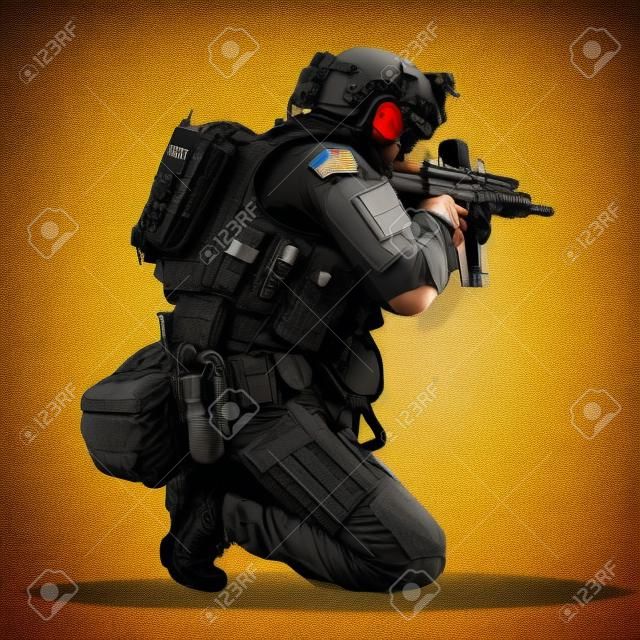 Ilustracja wektorowa strzelać taktyczne policjanta. Uzbrojona policja wojskowa przygotowuje się do strzelania z karabinu automatycznego.