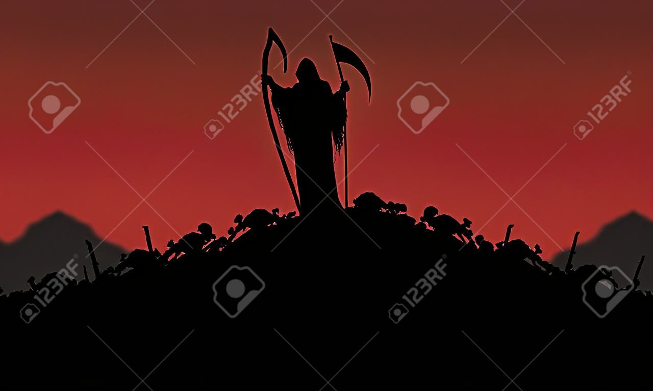 Illustratie van de Grim Reaper staand op stapels lichamen