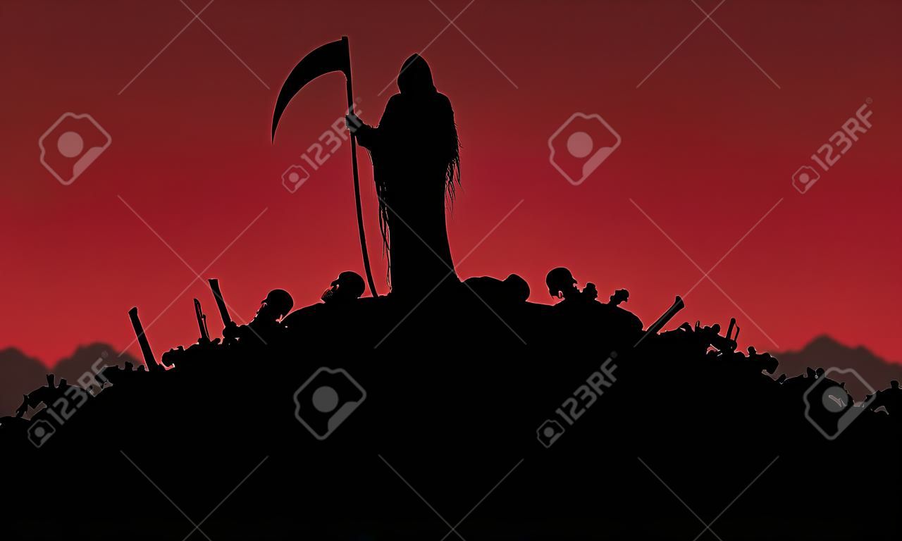 Illustratie van de Grim Reaper staand op stapels lichamen