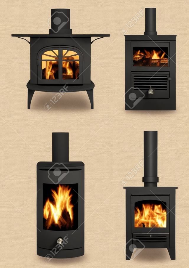 Illustration of four styles of wood burning stoves
