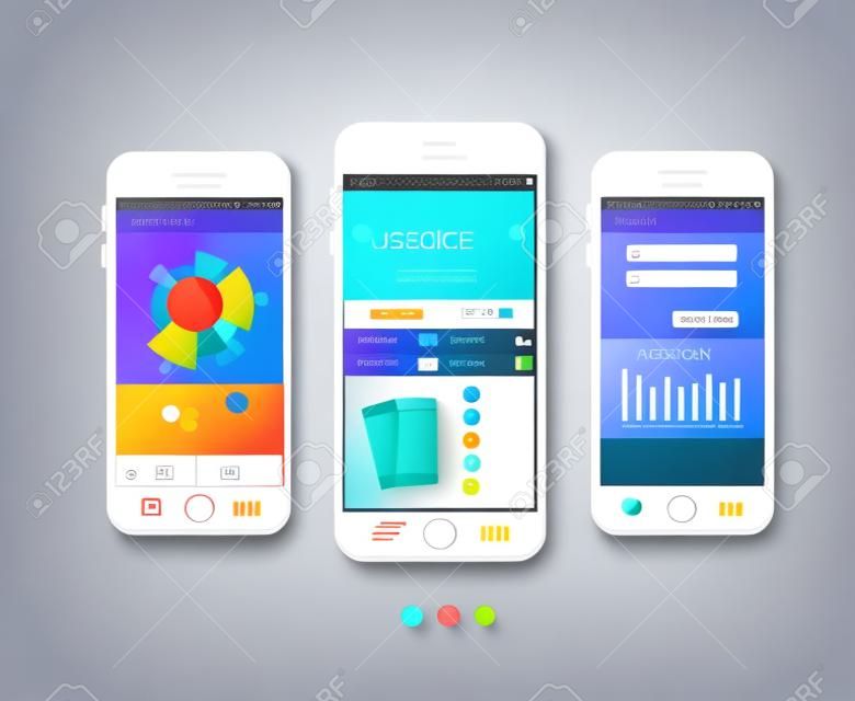 Mobile ui kit. Vector design in trendy color with  mobile phones, interface elements.