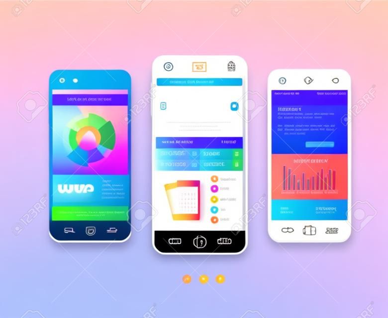 Mobile ui kit. Vector design in trendy color with  mobile phones, interface elements.