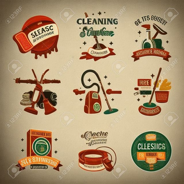 Set vintage pictogrammen, etiketten en badges schoonmaakdiensten