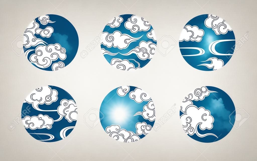 Conjunto de nuvens de círculo asiático. Enfeites nublados tradicionais em estilo chinês, coreano e oriental japonês. Conjunto de elementos retro de decoração vetorial. Coleção de céu isolada no fundo branco.