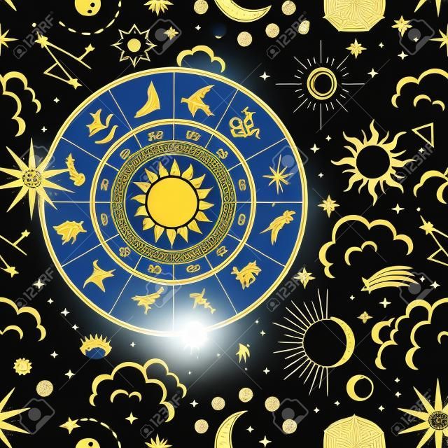 Vector magic seamless pattern with constellations, zodiac wheel, sun, moon, magic eyes, clouds and stars. Mystical esoteric background for design of fabric, packaging, astrology, phone case, yoga mat, notebook covers, wrapping paper.