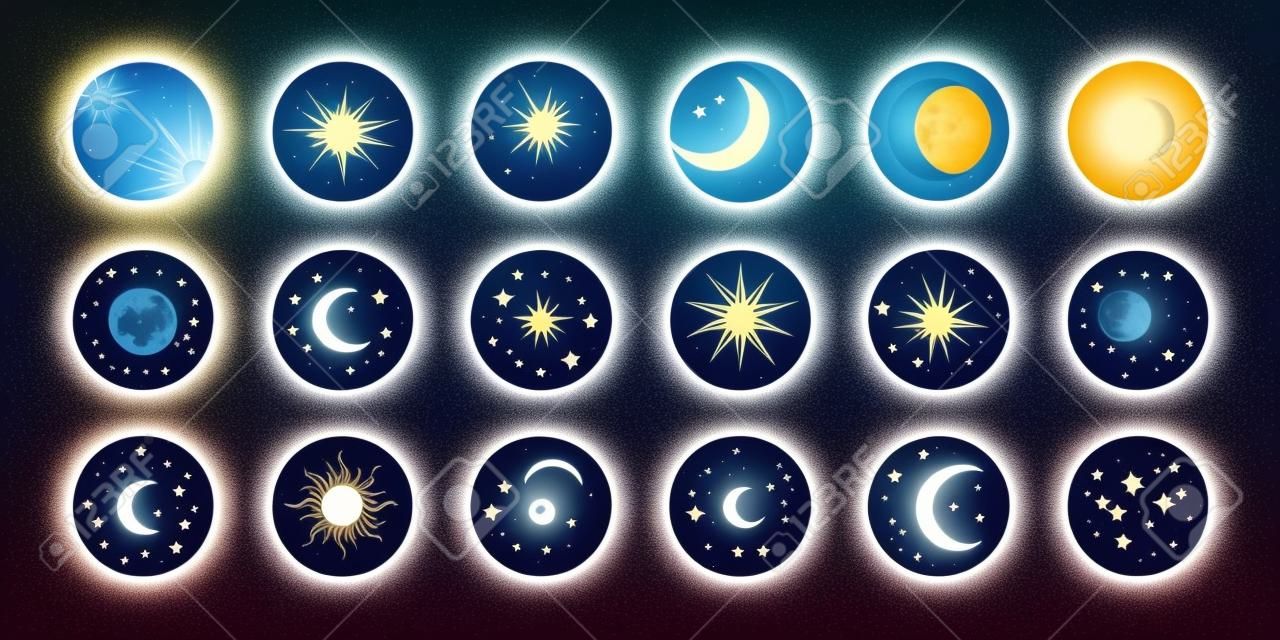 Vector set of highlights with moon, sun, clouds, stars and constellations. Mystical magic elements, spiritual occultism objects. Trendy colors, minimal style.