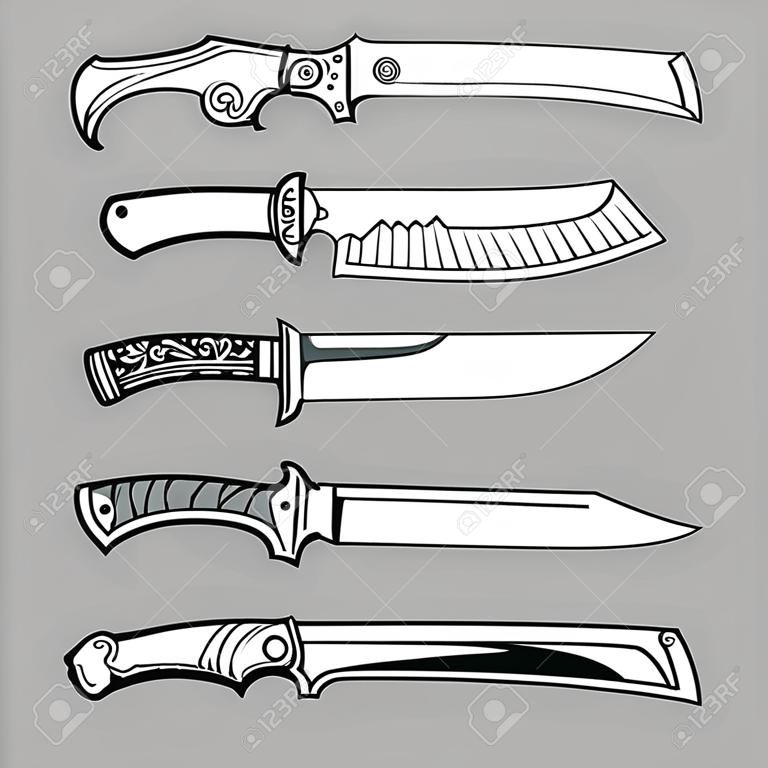 Set of various design hunting, combat and decorative bladed vector knives isolated on grey background. Detailed graphic symbols and elements collection