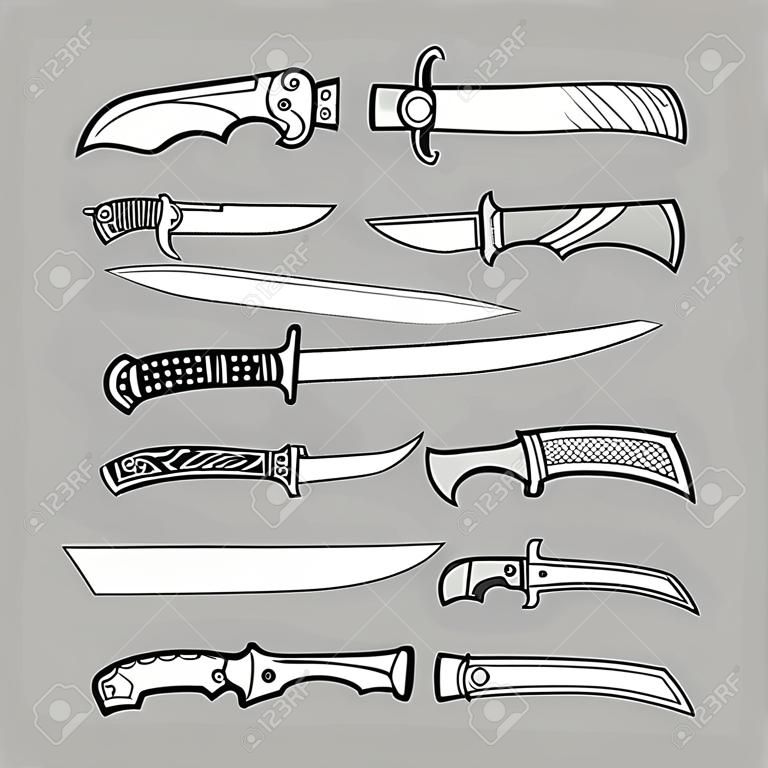 Set of various design hunting, combat and decorative bladed vector knives isolated on grey background. Detailed graphic symbols and elements collection