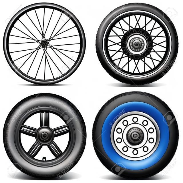 Neumáticos vector para motocicleta de la bicicleta del coche y camión aislados en fondo blanco
