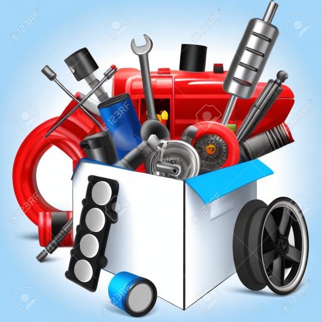 Vector Carton Box with Car Spares isolated on white background