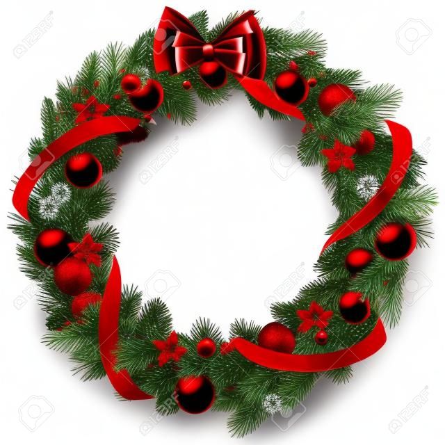 Corona di Natale con decorazioni rosse isolato su sfondo bianco