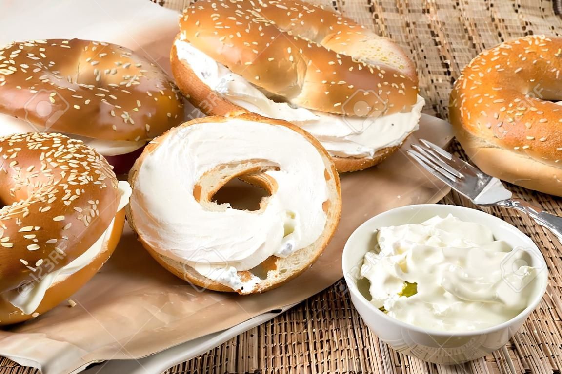 Fresh homemade bagel sandwiches with low fat cream cheese.