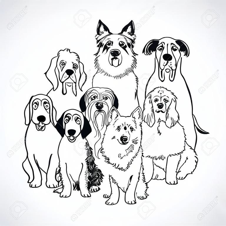 Csoport kutyák fekete-fehér izolátum. Fekete-fehér vektoros illusztráció. eps8