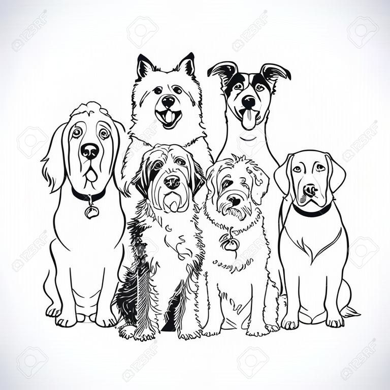 Csoport kutyák fekete-fehér izolátum. Fekete-fehér vektoros illusztráció. eps8