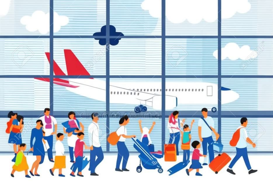 Crowd travel people family airport and plane. Color vector illustration. EPS8