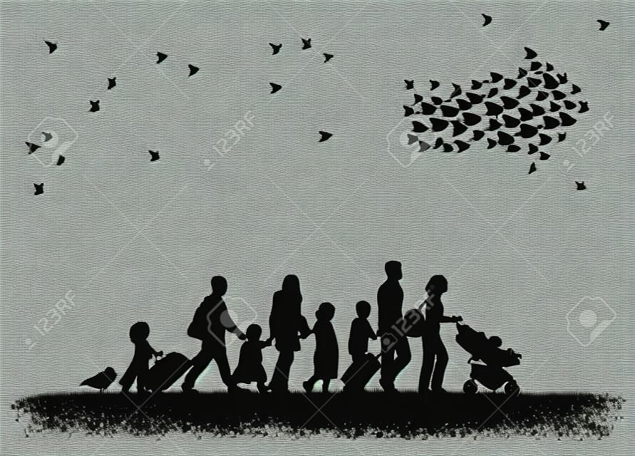 Emigracja rodziny niebo i ptaki sylwetka.