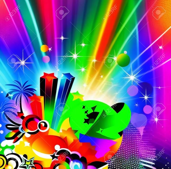 Cartel de fondo para el evento de la música disco internacional con los colores del arco iris, los elementos abstractos de diseño y un montón de estrellas!