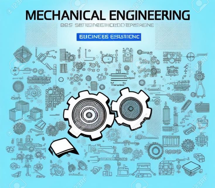 Mechanical Engineering concept with Doodle design style :physics solution, re-engineering, parts design.Modern style illustration for web banners, brochure and flyers.