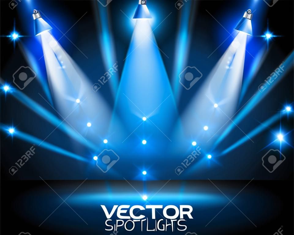 Vector Spotlights Szene mit unterschiedlichen Quelle der Lichter auf dem Boden oder in einem Regal zeigt. Ideal für mit Produkten. Die Leuchten sind transparent, so bereit, auf jede Oberfläche platziert werden.