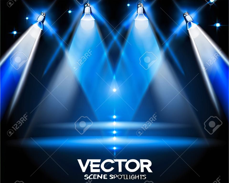 Vector Spotlights Szene mit unterschiedlichen Quelle der Lichter auf dem Boden oder in einem Regal zeigt. Ideal für mit Produkten. Die Leuchten sind transparent, so bereit, auf jede Oberfläche platziert werden.