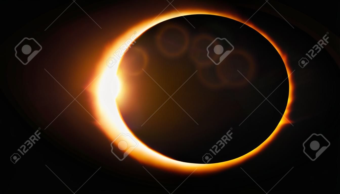Abstrakte Sonnenfinsternis verursacht durch ein Mondereignis mit Feuerring auf schwarzem Hintergrund. Animierte abstrakte Ansicht einer totalen Sonnenfinsternis.