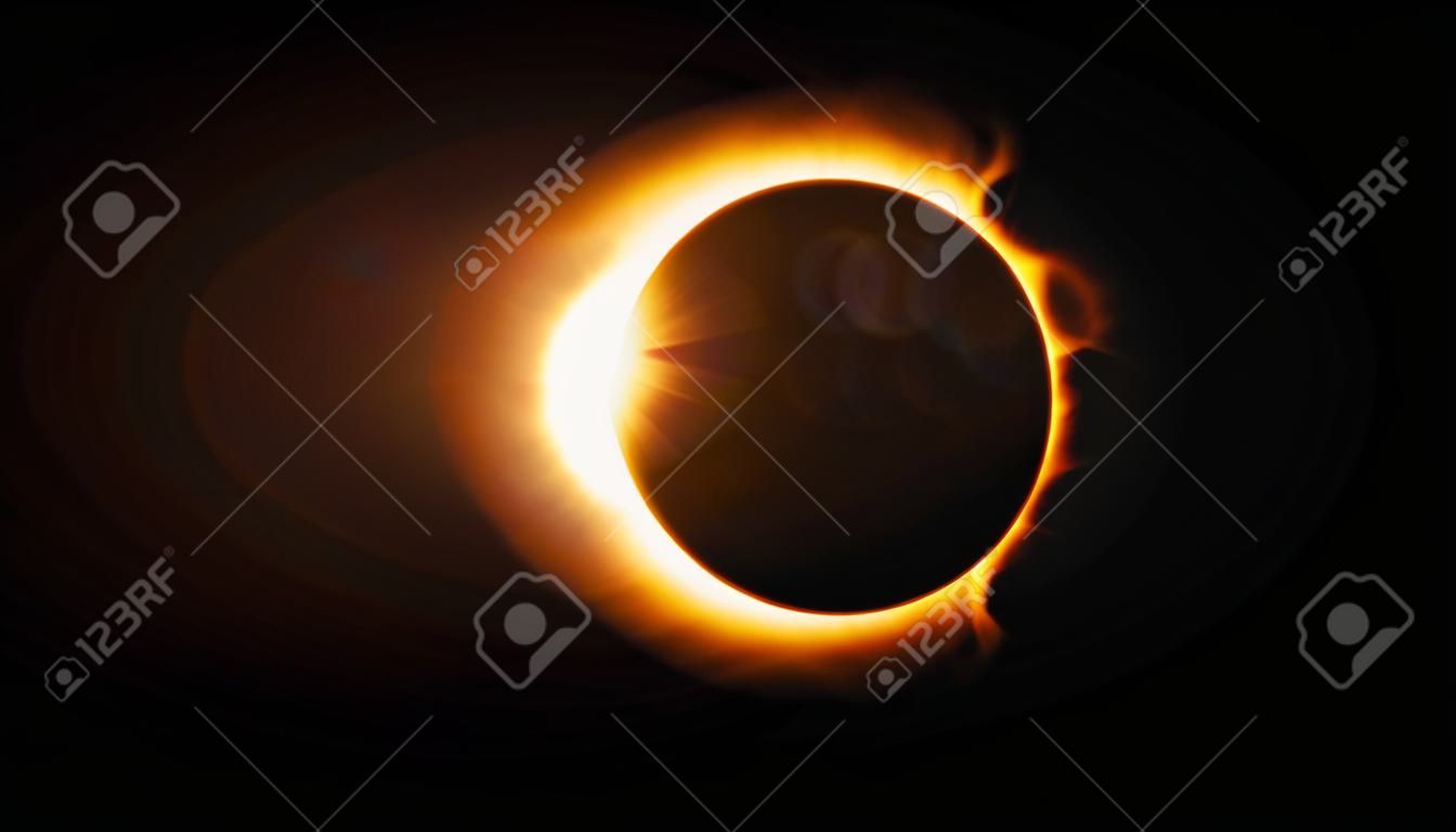Abstract solar eclipse caused by a Lunar event with ring of fire on black background. Animated abstract view of a total solar eclipse.