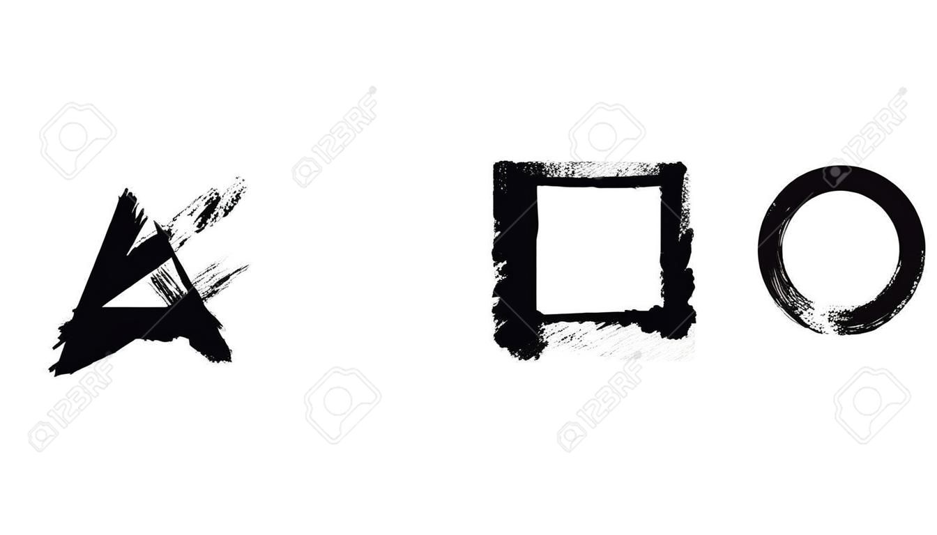 Brush strokes painting geometrical figures on white background, monochrome. Animation. Silhouettes of a cross, a triangle, and a circle illustrated with black inks.
