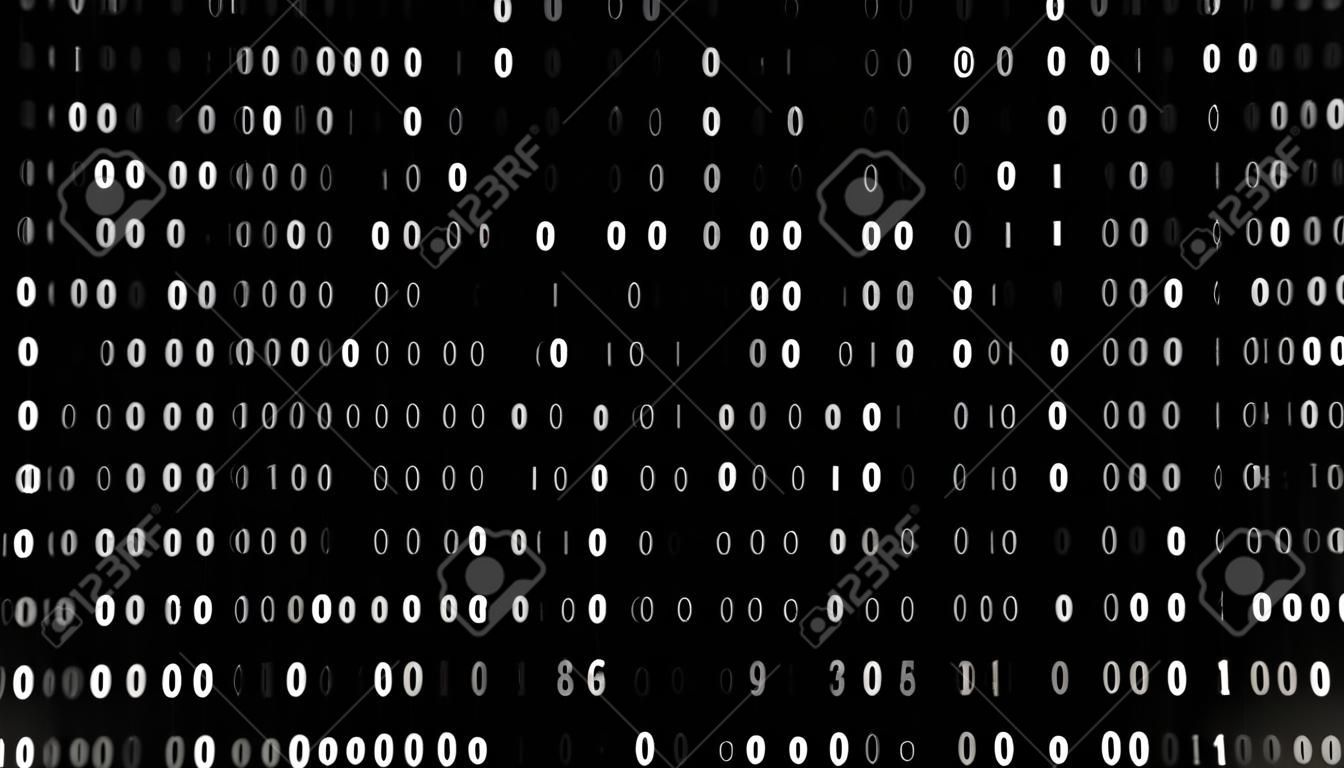 Black and white background with code zero and one. Animation. Binary code on black background. Failure in binary code system. Programming using binary code