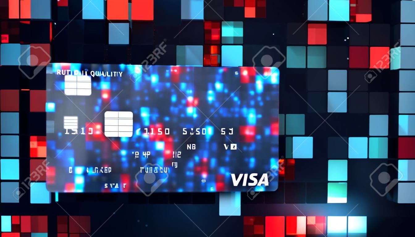 Pixelated blinking background and three plastic visa bank cards, seamless loop. Motion. Concept of modern technologies and currency.