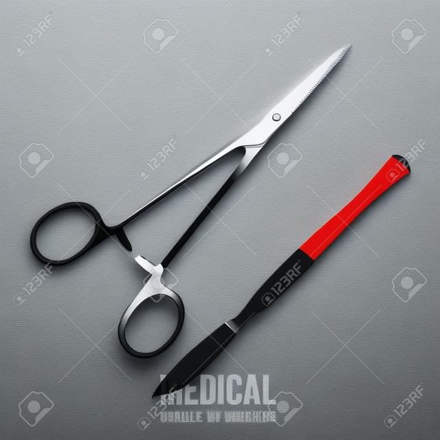 摘要醫療手術刀和特殊的灰色背景剪刀