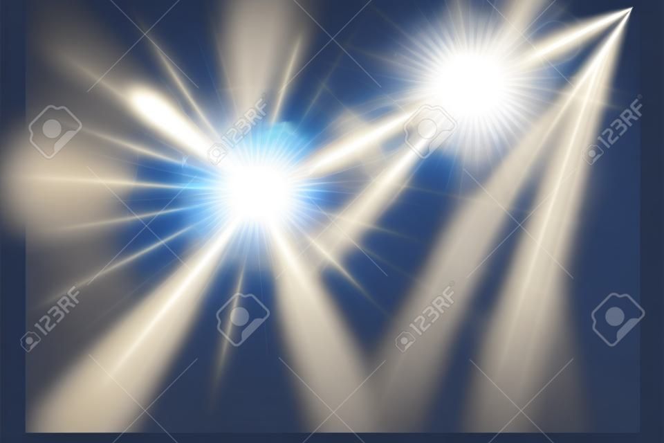 Shining sun glare rays, lens flare vector illustration. Sunlight glowing png effect. White beam sunrays sky background