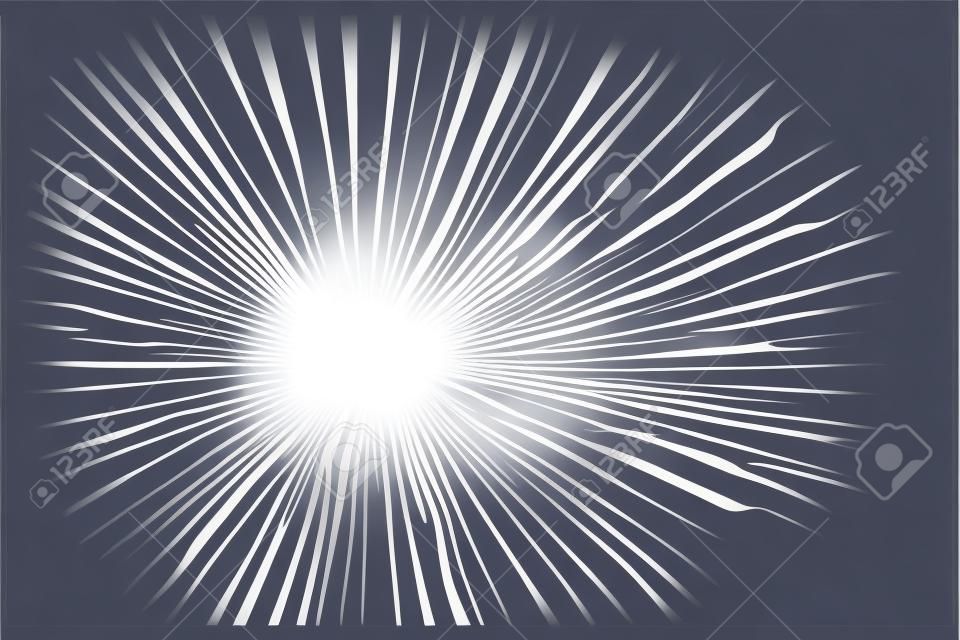 Raggi di abbagliamento del sole splendente, illustrazione vettoriale del riflesso dell'obiettivo. Effetto png luminoso della luce solare. Priorità bassa del cielo dei raggi di sole del fascio bianco