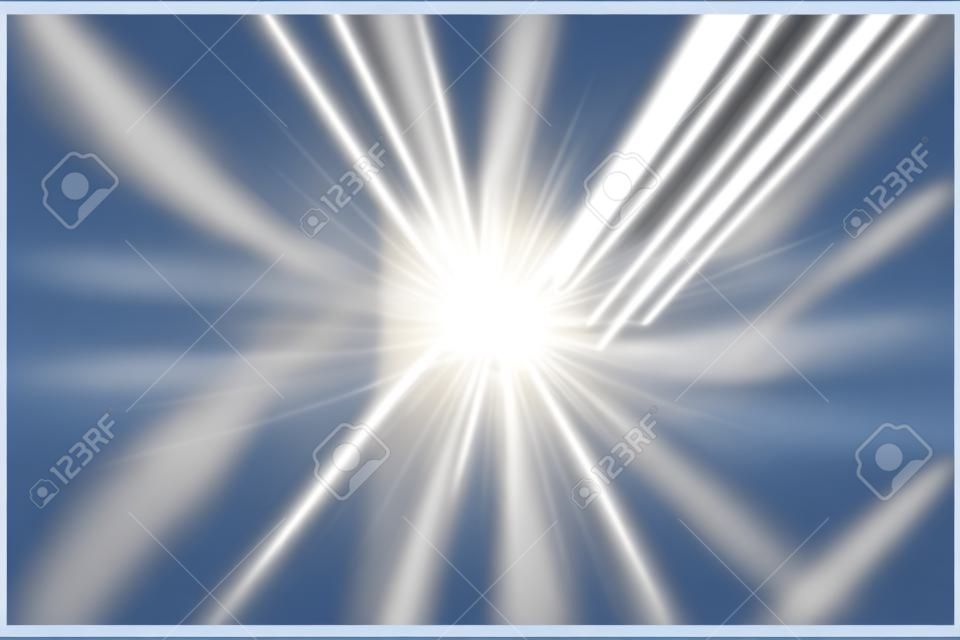 Raios brilhantes do brilho do sol, ilustração vetorial do alargamento da lente. Efeito brilhante do png da luz solar. Fundo do céu dos raios de sol do feixe branco