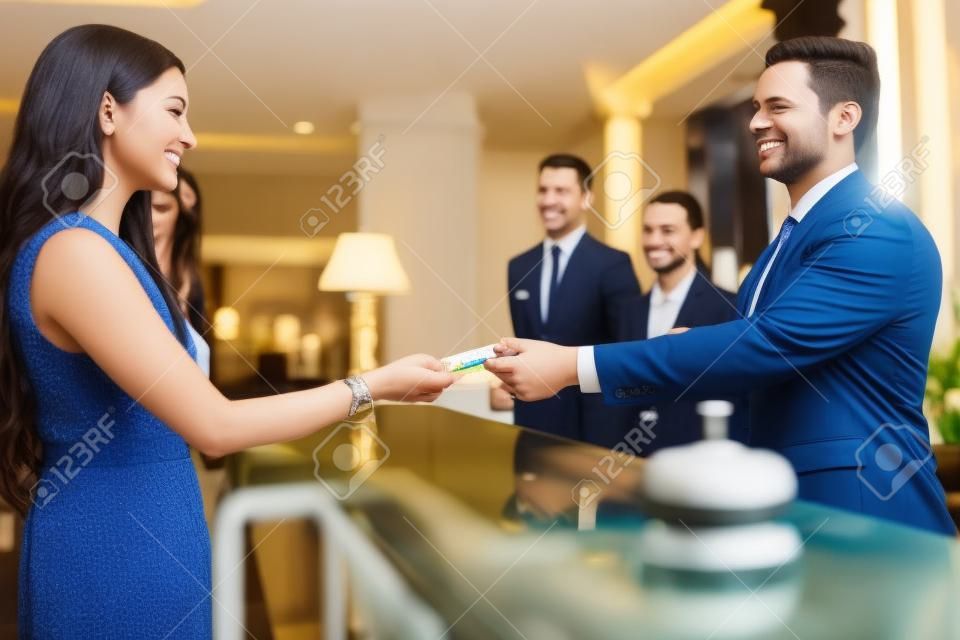 Foto van gasten die een sleutelkaart krijgen in het hotel.