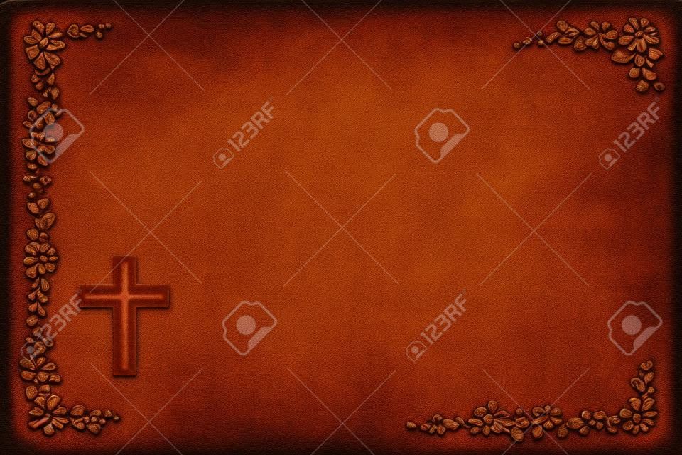 Religieuze kaart met bruine textuur achtergrond versierd met bloemen en kruis.