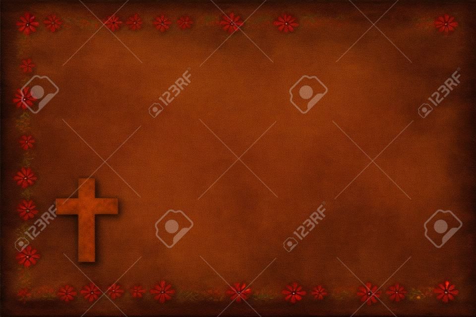 Religieuze kaart met bruine textuur achtergrond versierd met bloemen en kruis.