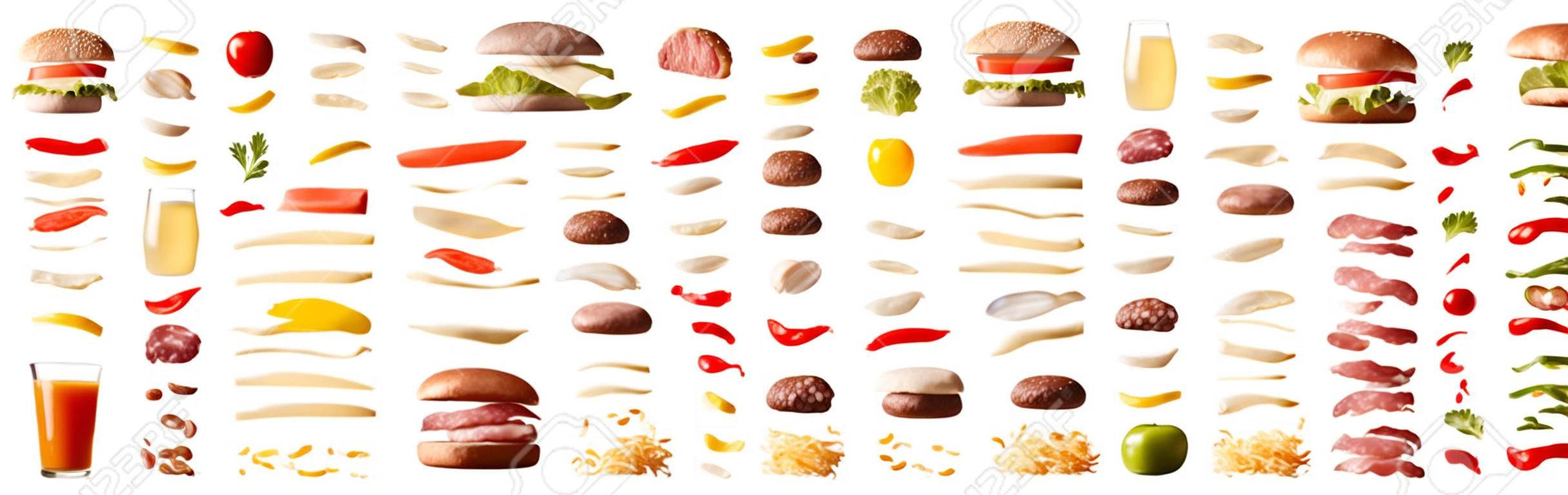 Set van verschillende hamburgers met ingrediënten gescheiden door lagen op witte geïsoleerde achtergrond. Vooraanzicht. Horizontale samenstelling.