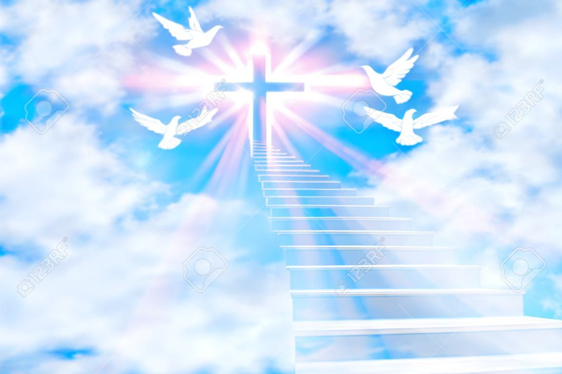 Escaliers menant au ciel avec une croix scintillante et des colombes volantes. Composition horizontale.
