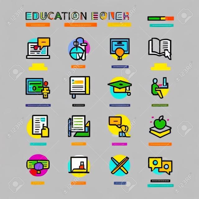 Basit Eğitim Seti İlgili Renk Vektör Hattı Simgeleri. Online Eğitim, Video Dersi, Şapka, E-kitap ve daha fazlası gibi simgeleri içerir. Düzenlenebilir Kontur. 64x64 Piksel Mükemmel.