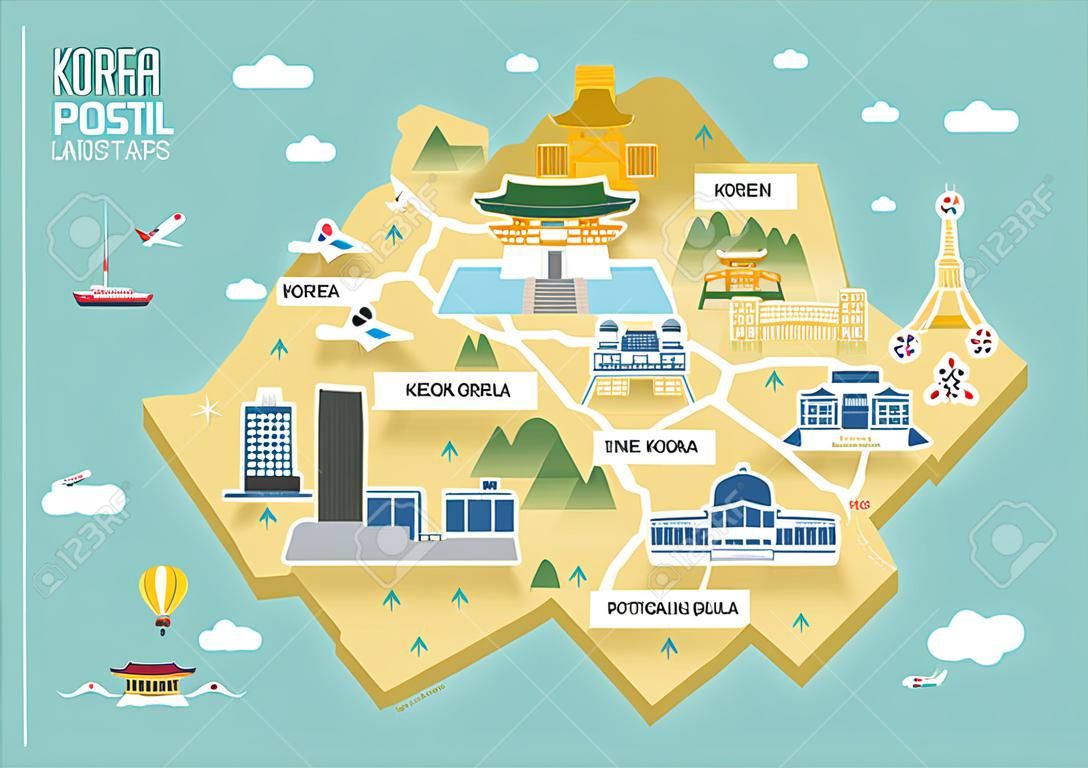 Illustration of  flat postcard with famous Korea landmarks icons on the map