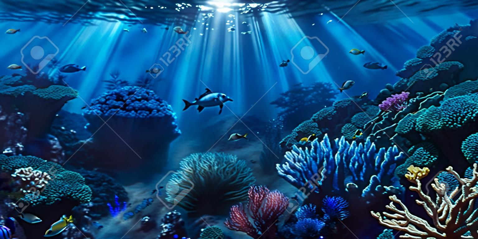 Undewater world landscape, reef, sea bottom with corals and seaweeds colorful bright tropical wildlife, ocea seafloor Illustration, background. High quality illustration