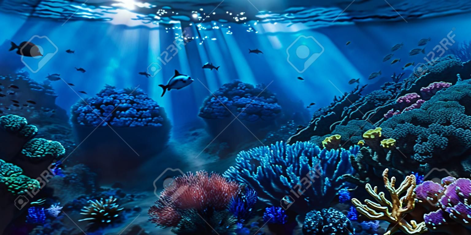 Undewater world landscape, reef, sea bottom with corals and seaweeds colorful bright tropical wildlife, ocea seafloor Illustration, background. High quality illustration