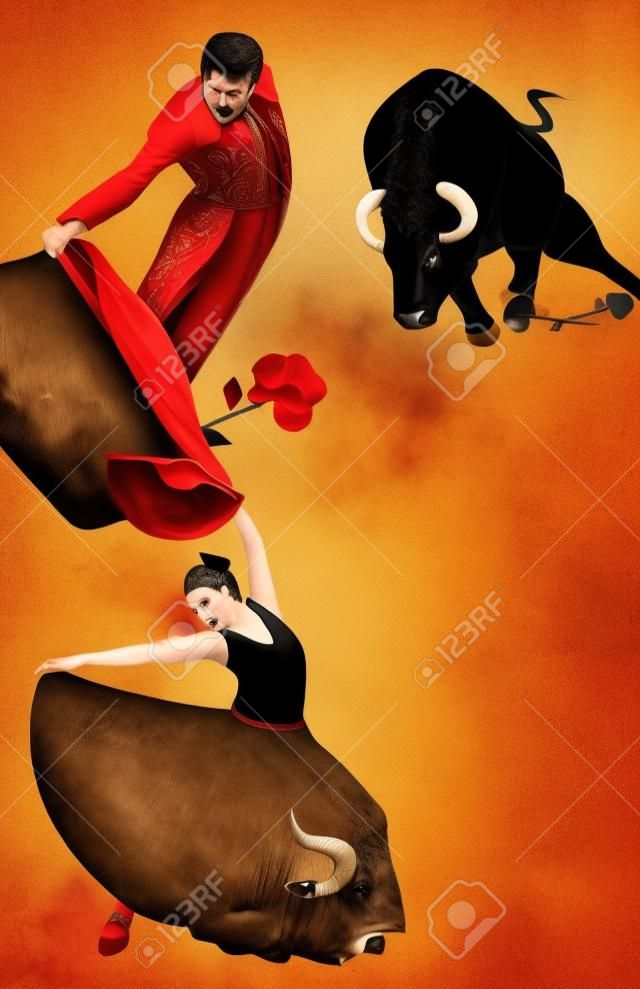 Illustration d'une lutte contre le matador, avec un taureau et une danseuse de flamenco