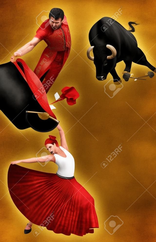 Illustration of a matador fighting with a bull and a flamenco dancer