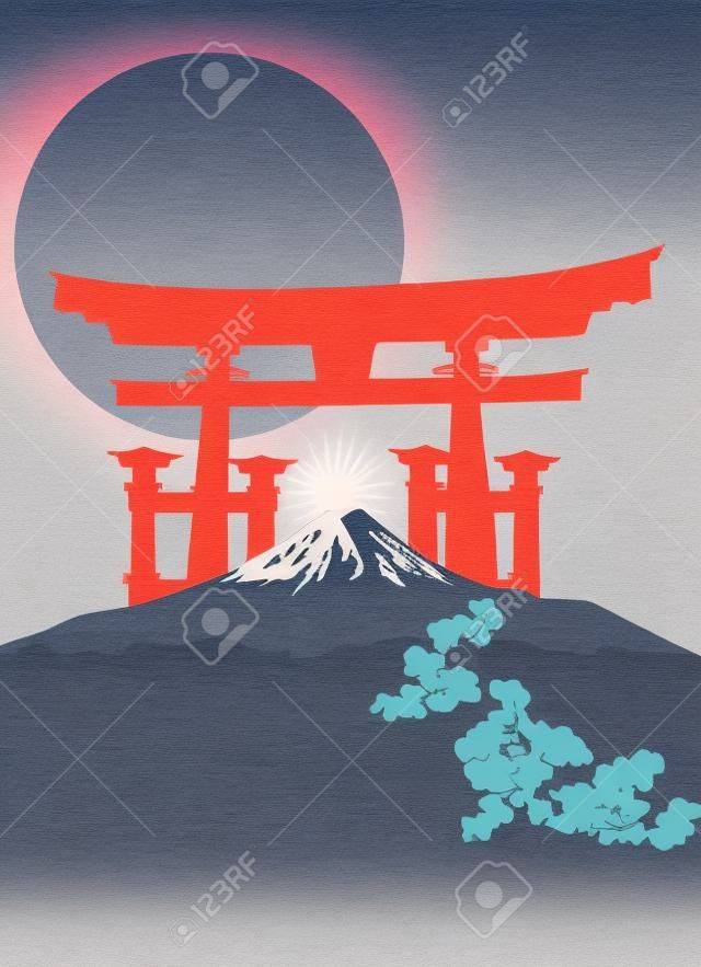 Ilustração de fundo com Monte Fuji e Torii Gate