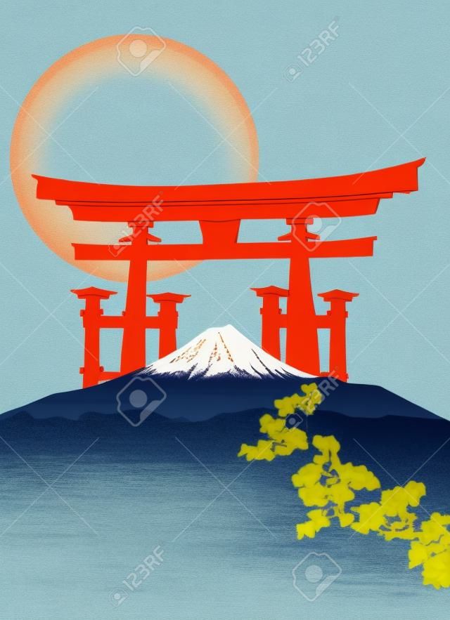 Ilustração de fundo com Monte Fuji e Torii Gate
